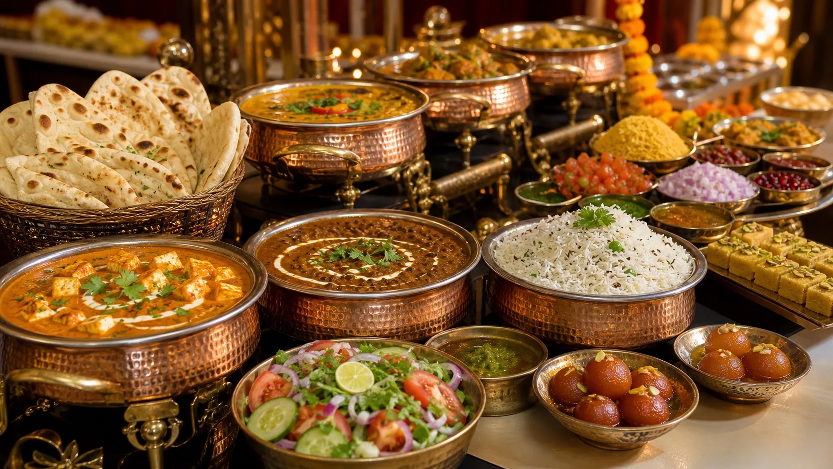 Premium vegetarian Indian buffet counter with paneer, dal, rice, breads, salad, and sweets