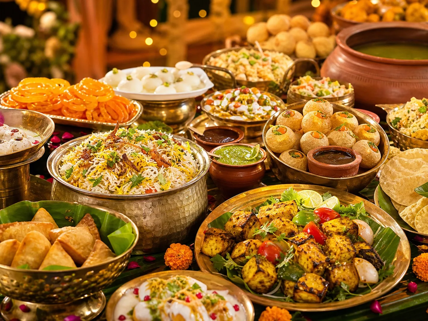 Delicious Indian vegetarian wedding food spread with paneer, chaat, biryani, sweets, and snacks