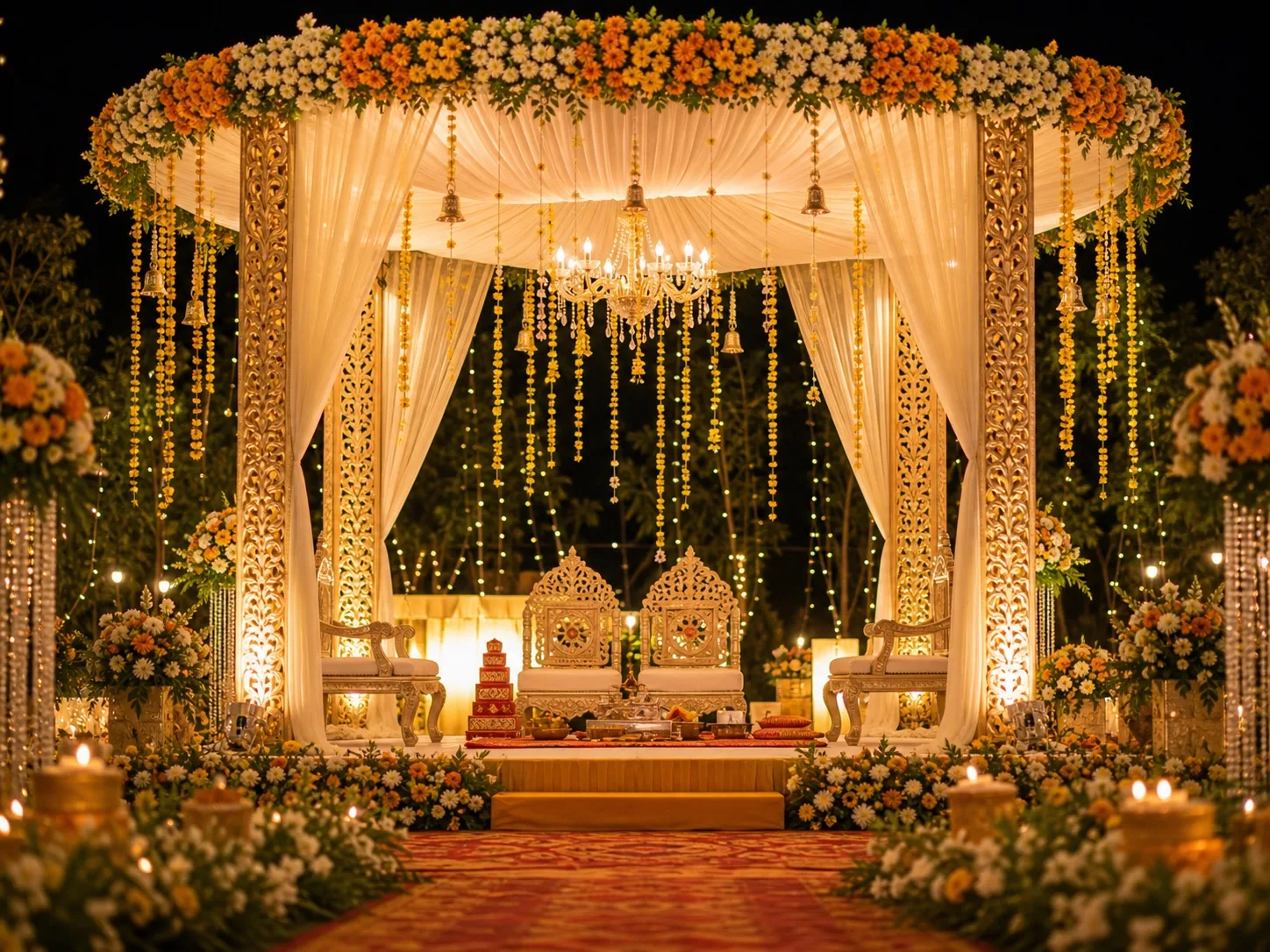 Indian wedding ceremony mandap with marigold flowers, warm lights, and traditional decor