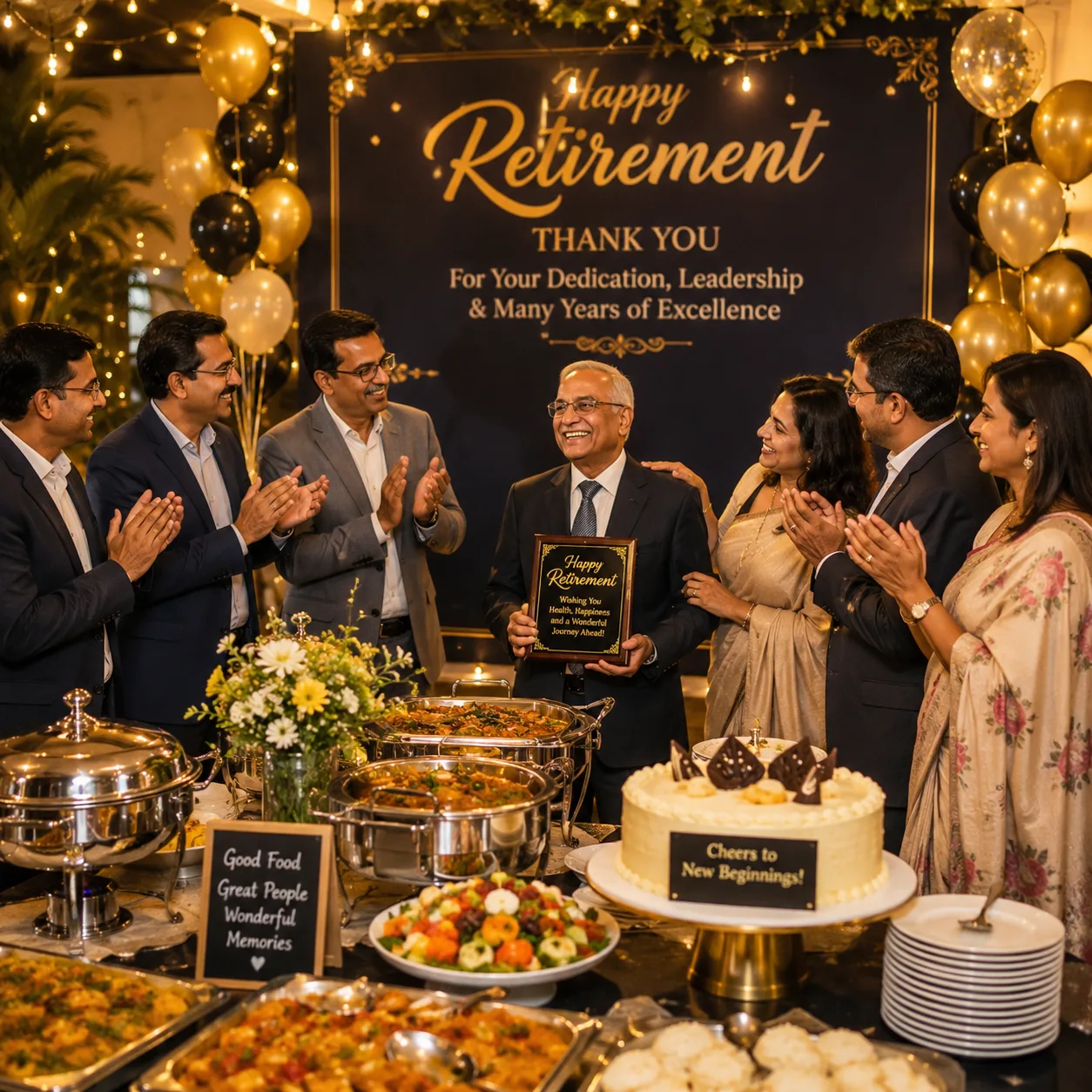Indian retirement party with buffet catering, cake, decor, and guests celebrating
